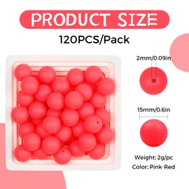 120PCS FIVEIZERO Silicone Beads, 15mm Round Silicone Beads Bulk for Keychain Making, Bracelet Necklace DIY Crafts(Pink-Red)