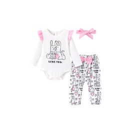 PATPAT Baby Girl Clothes Long Sleeve Ruffle Romper Pants Headband 3 Pieces Set Newborn Infant Outfits 0-24 Months, Rabbit, 18-24 Months