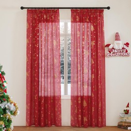 Pony Dance Red Curtains, Linen Look, Transparent Christmas Curtains with Ruffle Tape for Rail, Set of 2, Living Room Curtains with Golden Pattern, Sheer Curtains for Living Room, H 245 x W 140 cm