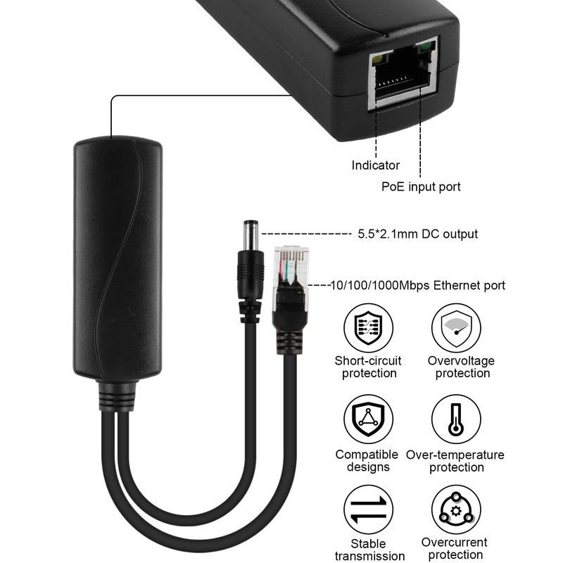 100M PoE Splitter 48V to 5V 2.4A Output with IEEE