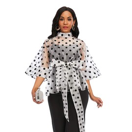 AOMEI Women's Stand Collar Polka Dot See Through Front Tie Peplum Blouse Transparent XL