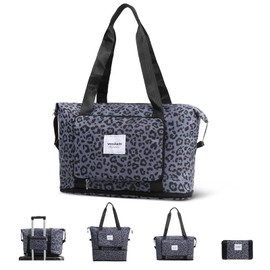 WOOMADA Foldable Travel Duffel Bag, Weekender Bags for Women, Tote Bag with Expandable Space, Carry on bags for airplanes with Wet Pocket & Trolley Sleeve, Gym Bag for Women(black leopard)