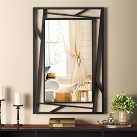 Black Bathroom Mirror, 36''X24'' Decorative Wall Mirrors with Geometric Metal Frame for Living Room, Bedroom, Bathroom, Entrance, Expands Space, Horizontal/Vertical