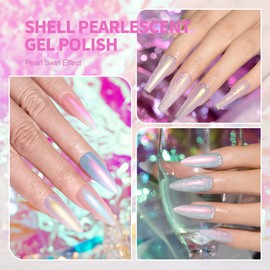 RARJSM Pearl Gel Nail Polish Glitter Pearlescent Shell Gel Polish Pink Beige Pearl Blue Green Purple Shimmer Mermaid Swirl Thread Effect Nailgel Soak Off Curing Requires DIY Manicure Use