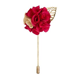 Knighthood Lapel Pin For Men Bunch Flower With Golden Leaf Handmade Boutonniere Brooch Pin for Suit Wedding Groom with a Box (Bright Pink & White)
