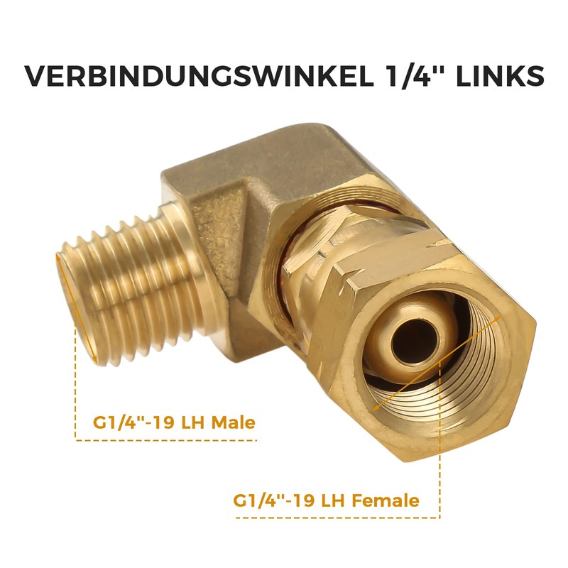 Hicello LPG Brass Connection Angle 90° 1/4 Inch Left Gas