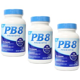 PB 8 Probiótico PB8 - Paquete de 3-120 cápsulas por frasco - Favorece la salud digestiva - 14 mil millones de UFC - 8 cepas beneficiosas - Sin leche, 