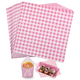 KIKISML 200 PCS Checkered Waxed Deli Paper Sheets 7 * 7 Inch, Food-Grade Greaseproof Paper Food Basket Liners for Sandwiches, Burgers, Fries Wrapping for Party, Festival and Outdoors - Pink