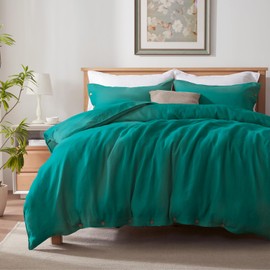 TOSMO 100% Linen Queen Duvet Cover Set, Luxury French Flax Natural Linen Duvet Cover with Button Closure & Corner Ties, Cooling Breathable Comforter Cover 3 Piece (Teal)