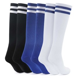 Halinuia 3 Pairs of Children's Long Football Socks, Unisex Comfortable Grip Socks, Football Knee Socks for Football Training and Games, Black/blue/white