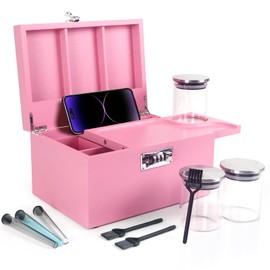 Premium Pink Storage Box,Decorative Bamboo Box with Combination Lock,Ultimate Wooden Box Kit with Sliding-Tray, 3-Pack Glass Jars Accessories Tools for Gift.