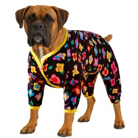 LovinPet Dog Post Post Surgery Large Dogs - Anxiety Calming Anti Licking Dog Pajamas, Lightweight Fabric, Vintage Happy 2 Quilted Multi Print, Large Dog Pjs, All Season wear Dog PJ's,Black Yellow XXL