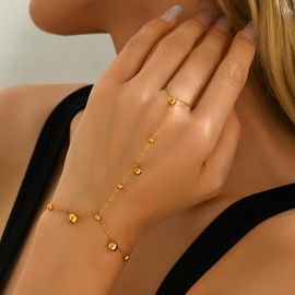 18K Gold Plated Hand Chain Bracelets for Women Dainty Gold Beads Dangle Finger Ring Bracelet Boho Beaded Chain Bracelet Trendy Minimalist Summer Beach Jewelry