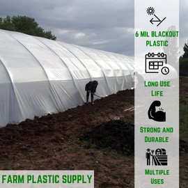 Farm Plastic Supply - Panda Film Light Deprivation Greenhouse Cover - 6 mil - (32' x 50') - 100% Blackout Tarp, Black White Plastic Sheeting, Green House Poly Film