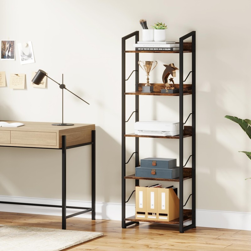 Hosfais 5 Tier Tall Bookshelf: Industrial Wood Book Shelf with