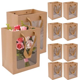 JLNGTHONG 10 Pieces Brown Paper Bags with Clear Window, Gift Bags Bulk with Handle Kraft Shopping Bags for Mother's Day Graduation Birthday Bridal Shower Flower Bouquet Presents Wrapping