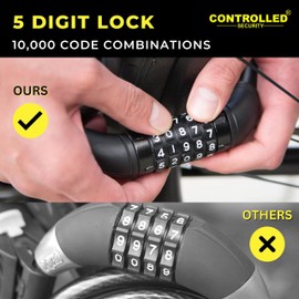 The CONTROLLED SECURITY 5 Digit Combination Bike Lock - 1200mm x 12mm Heavy Duty Bike Lock. Multi-Use Resettable Cable Lock. Security for Bikes, E-Bikes, Scooters Etc. Secure All Your Valuables