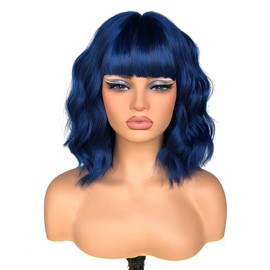 ISAMY Short Bob Wigs With Air Bangs Shoulder Length Women's Wig Bob Curly Wavy Synthetic Cosplay Wig for Girls Daily Use Colorful Wigs (Blue)