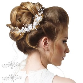 Bridal Headband Hair Accessories, Hair Accessories Wedding Flowers, Flower Hair Accessories for Brides, Flower Bridal Wedding Hair Vine Rhinestone Silver Pearl Hair Accessories for Women and Girls -