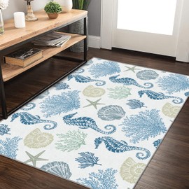 Coastal Rug Nautical Rug for Bedroom Living Room, Soft Low Velvet Carpet, Washable Beach Rug Ocean Rugs Beach Area Rug Modern Light Blue Seahorse, 8x10