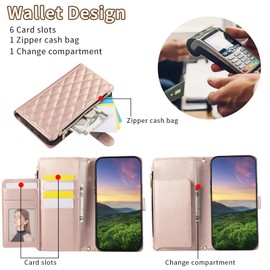 Boyobacase for Googie Pixel 7 Pro 5G Wallet Case,for Googie Pixel 7 Pro 5G Case, PU Leather Wallet Flip Cover Stand Feature[6 Card Slots] [1 Zipper Coin Pocket] with Wrist Strap-Rose Gold