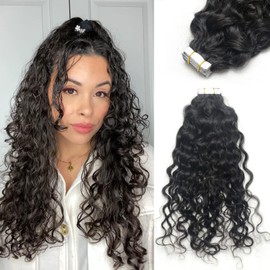 Luwigs Natural Curly Wave Tape in Extensions Human Hair Natural Color Tape in Hair Extensions for Black Women Water Wave Seamless Skin Weft 50g 20pcs (18 Inch, Natural Curly)