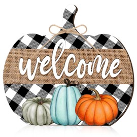 Geetery Vintage Fall Wooden Table Decoration Fall Welcome Table Centerpieces Plaid Pumpkin Signs for Table Fall Autumn Thanksgiving Decoration for Home Table Decoration
