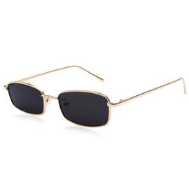 XDGBGFN Classic Vintage Rectangular Sunglasses Retro Slim Metal Frame Sun Glasses for Men and Women, Gold/Grey