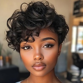 Short Curly Pixie Cut Black Synthetic Wig, Layered Wavy Style, Natural Looking