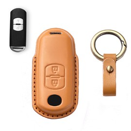 LETINGFAR Key Case for Mazda, Smart Key Case, Key Cover, Genuine Leather, Designed for Mazda 2 Buttons, Keychain, Mazda Cx4cx5cx8, etc, yellow