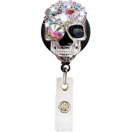 Coloured Skull Diamond Badge Reel Cute Retractable Rhinestone Badge Holder Name ID Badge Clip with Swivel Alligator Reel Clip Badge Holders for Nurse Doctor Teachers,Identification Badges and Supplies