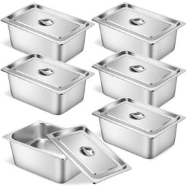 6 Set Stainless Steel Hotel Pans 1/2 Size 6 Inch Deep With Lids, Anti-Jam Chafing Steam Table Pans, Catering Food Storage Metal Pan