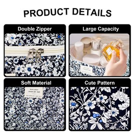 GISMTR Makeup Bag, Floral Quilted Cosmetic Bag, Large Travel Aesthetic Make up Bag, Cute Coquette Toiletry Bag for Women Girls, Flower K