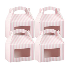 Bio Tek 8.5 x 4.8 x 5.5 Inch Gable Boxes For Party Favors, 25 Attractive Gift Boxes - Striped Design, With Clear PET Window, Pink And White Paper Barn Boxes, Built-In Handle