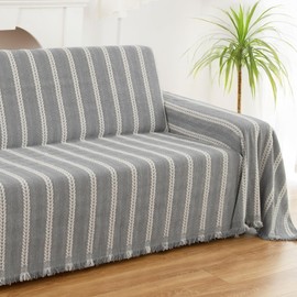 KaviKon Couch Cover for Dogs, Boho Sofa Covers for 3 Cushion Couch, Chenille Sofa Slipcover for Pets Washable, L-Shape Sectional Loveseat Cover Soft Throw Blankets with Tassels(71x118,Striped Grey)