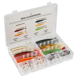 Zanderfang 40 piece box of rubber fish with jig heads for zander fishing with rubber fish, 24 rubber fish: 6 colours; 12.5 cm | 16 jig heads size 4/0: 10-25 g.