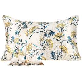 MANSPHIL Sand Blue Patterned Silk Pillow Cases King, Yellow Floral Satin Pillowcase for Hair and Skin Envelope Closure, 22 Momme 6A Grade 100% Mulberry Silk, 20"x36"