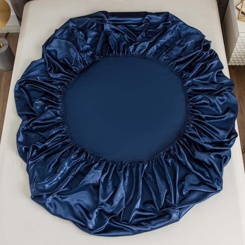 Morbuy Double Fitted Sheet Satin Silk Bed Sheets, Navy Blue