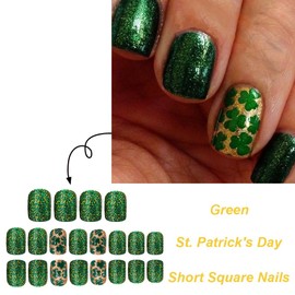 24 Pcs St. Patrick's Day Press on Nails Short Square Gold Glitter Fake Nails with Clover Designs Gold Glitter False Nails Cute Stick on Nails Full Cover St. Patrick Press on Nails for Women Girl