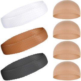 WILLBOND 3 Pcs Silicone Wig Grip Headband 4 Pcs Nylon Wig Caps, Adjustable Silicone Headbands for Women Man Unisex Non Slip Bands Sports Yoga Lace Front(Transparent, Dark Brown, Black)