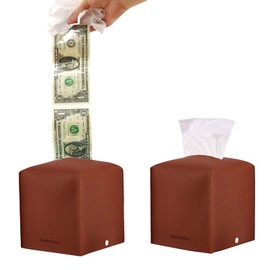 Money Pull Out Box for Cash Gift with Reusable Tissue Box Cover - Surprise Pop Up Money Gift Boxes for Kids and Adults, Perfect for Birthday - Includes Transparent Money Bag Roll (50pcs) (Wood Brown)