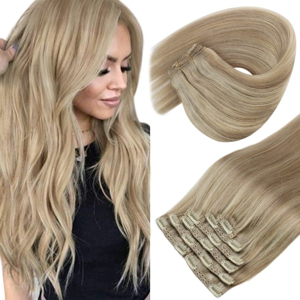 Sunny Clip in Hair Extensions Blonde Real Human Hair Clip in Extensions 7pcs 120g Dark Ash Blonde Mix Golden Blonde Invisible Blonde Hair Extensions Double Weft Clip on Hair Extensions 24inch