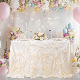 Tablecloth Beige 228 x 228 cm Satin Tablecloth DIY Washable with Bow and Beads Tablecloth Outdoor for Wedding, Party, Christmas, Banquet, Birthday