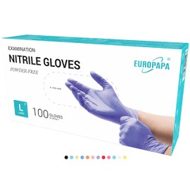 EUROPAPA® Disposable Nitrile Examination Gloves, Powder–Free, Latex–Free, Sterile, Box of 100, L, Purple