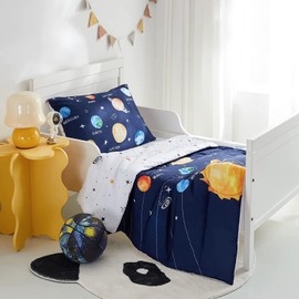 PINNKKU 4-Piece Toddler Bedding Set, Includes 1 Flat Sheet, 1 Fitted Sheet, 1 Comforter and 1 Reversible Pillowcase, Standard Toddler Comforter & Sheet Set, Ultra Soft Toddler Bed Set, Solar System