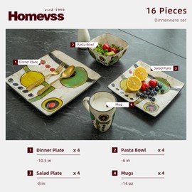 HomeVss 16pc Dinnerware Set, Stoneware Artisan Hand Painted Impressionism Pond, Reactive Glaze