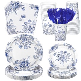 Kochorie 144 Pieces Blue and White Flower Print Party Tableware Sets Including Disposable Plates Napkins Cups Forks Serves 24 for Wedding Birthday Baby Shower Party Supplies