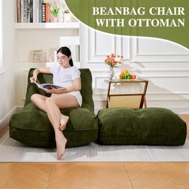 Cvortll Bean Bag Chair with Ottoman, Comfy Bean Bag Sofa with Memory Foam, Lazy BeanBag Sofa with Footstool, Fireside Bean Bag Couch for Living Room, Bedroom, Apartment (Green)