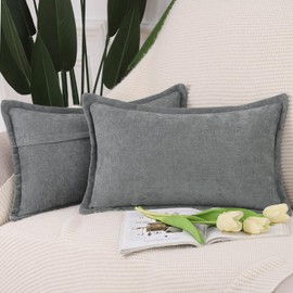 Madizz Set of 2 Fringe Chenille Simple Decorative Cushion Covers, Modern Cushion Cover, Sofa Cushion, Lumbar Cushion for Sofa, Bedroom, Dark Grey, 40 x 60 cm