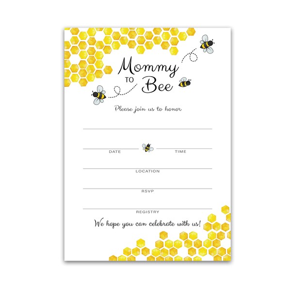 Bumble Bee Baby Shower INVITATIONS — Pack of 25 — Bumblebee Honeycomb INVITES, Mommy to bee Invitation, Honey Bee Gender Neutral Blank Fill-in Invitation, Yellow Honeybee theme Party I620-INV1